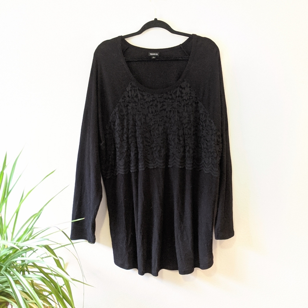 Torrid black lace panel long sleeved sweater